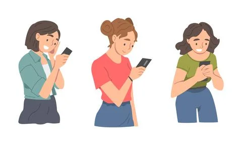 Young people using smartphones set. Cheerful girls looking at phone screen and Stock Illustration