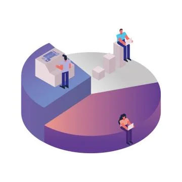 Young people using technology in statistics pie isometric characters Stock Illustration