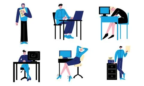 Young people workers working in office with computers and documents vector Stock Illustration
