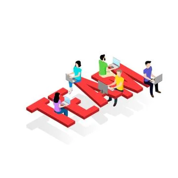 Young people working at the computer, word isometric team Stock Illustration
