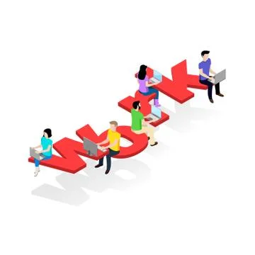 Young people working at the computer, word isometric work Illustrazione stock