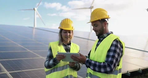 Young people working with digital tablet at solar panels station Stock Footage 149302659