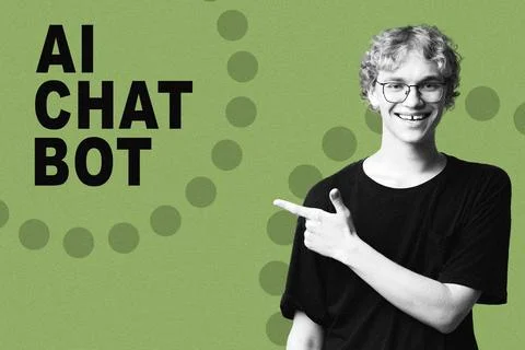 Young person points at text about AI chat bot with a green background in a Stock Photos