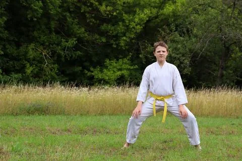 Young person practicing karate stance in a grassy field during daytime Fotos Stock