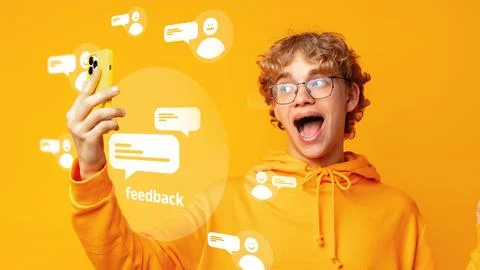 Young person takes selfie while surrounded by feedback icons on bright Stock Photos