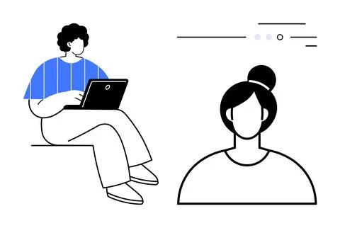Young person using laptop while woman with bun hairstyle engages in convers.. Illustrazione stock
