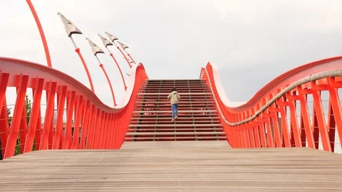 Young person walk away by Python bridge, medium telephoto view 스톡 동영상 129981233