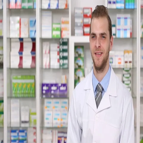 Young Pharmacist Specialist Man Negative Response to a Customer Pharmacy Store Video stock 69700894
