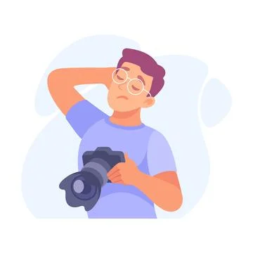A Young Photographer is Posing with a Camera in a Unique and Creative Style Stock Illustration