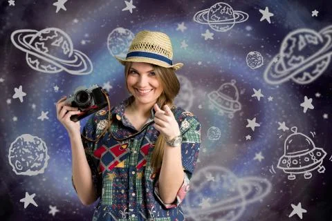 Young photographer with space pattern Stock Photos
