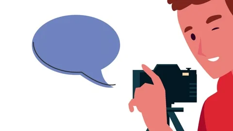Young photographer using camera with speech bubble animation in flat style. Video stock 333898270