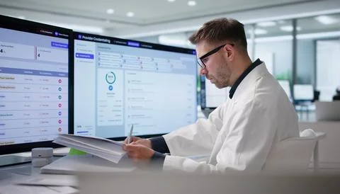 Young Physician Uses Credentialing Software To Manage Medical Provider Data E Stock Photos