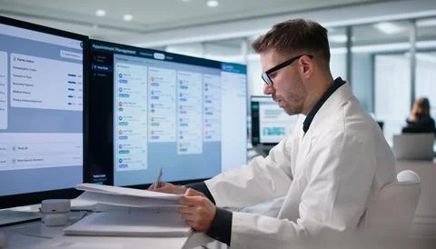 Young Physician Uses Digital Scheduling Software On Desktop To Manage Appoint Stock Photos