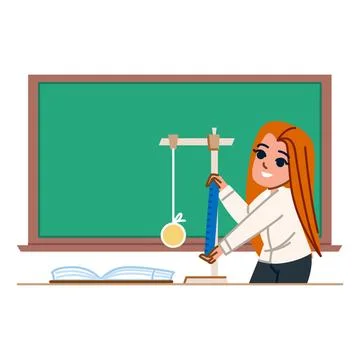 Young physicist measuring pendulum oscillation in classroom Stock Illustration