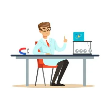 Young physicist sitting behind the desk with hand up Stock Illustration