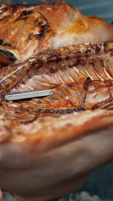 Young piglets are roasted. fried meat, juicy pork. close-up. roast suckling pig Stock Footage 322709096