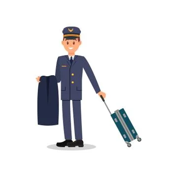 Young pilot holding jacket and suitcase. Captain in blue suit and cap. Worker of Stock Illustration