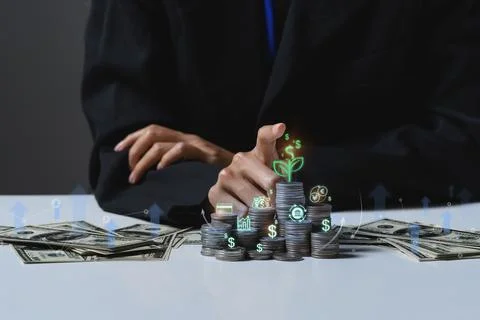 Young plant growing on the coins stack. Investment, business growth and finance 写真素材