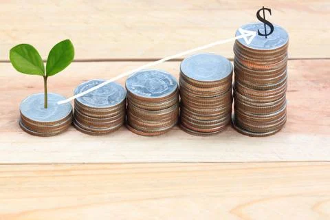 Young plant grown to stack silver coin in business growth concept. Stock Photos
