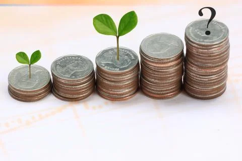 Young plant grown to stack silver coin in business growth concept. Stock Photos