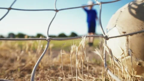 The young player rolls the ball into the net. Training day. Shots on goal. Stock-Footage 154094439