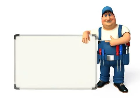 Young plumber with display board Stock Illustration