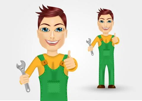 Young plumber dressed in green work clothes 스톡 일러스트