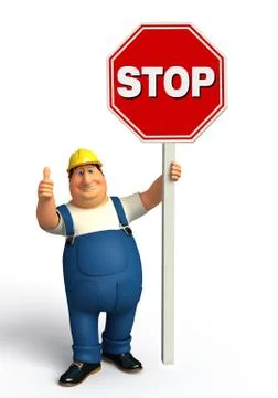 Young plumber with stop sign Stock Illustration