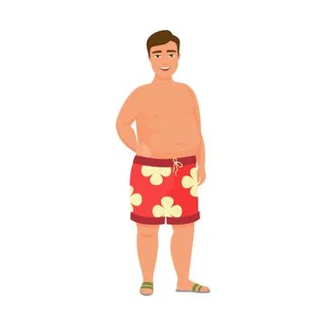 Young plus size man in funny shorts and sandals standing on beach Stock Illustration