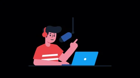 Young podcast host talking into microphone with laptop in studio animation. Vídeo Stock 338365678