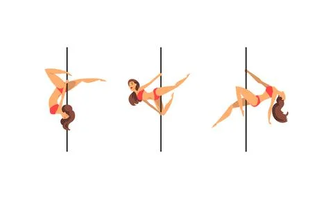 Young Pole Dancer Performing Acrobatics on Vertical Pole Vector Set Stock Illustration