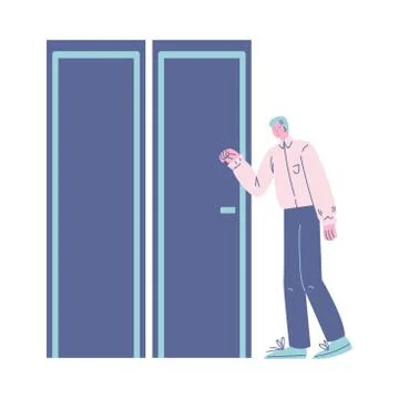 Young positive man standing in queue, waiting for his turn and knocking door イラスト素材