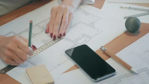 Young pretty engineer, architect or designer woman works with drawings in office Stock Footage 142727749
