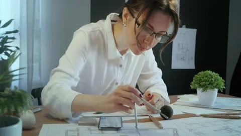 Young pretty engineer, architect or designer woman works with drawings in office Stock Footage 142727758