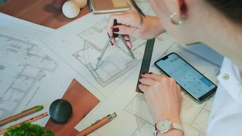 Young pretty engineer, architect or designer woman works with drawings in office Stock Footage 142727772