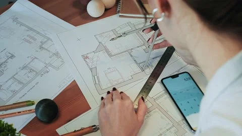 Young pretty engineer, architect or designer woman works with drawings in office Видео 144976124