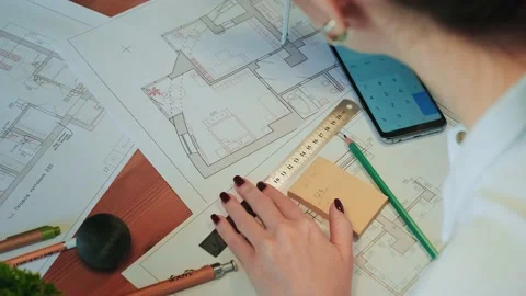 Young pretty engineer, architect or designer woman works with drawings in office Stock Footage 144976172