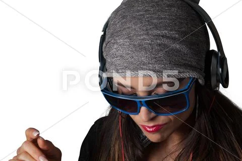 Young pretty latino woman listening to dj style headphones Stock Photos