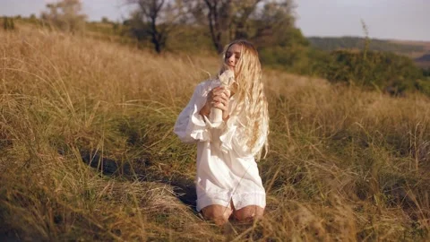 Young pretty long-haired blonde woman girl playing with her chihuahua Stock Footage 236559283