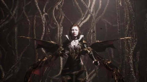 A young, pretty vampire examines her creepy dungeon, populated by nightmarish Stock Illustration