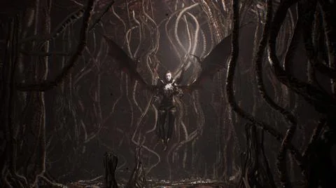 A young, pretty vampire examines her creepy dungeon, populated by nightmarish Stock Illustration