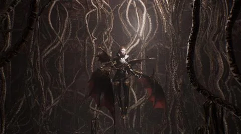 A young, pretty vampire examines her creepy dungeon, populated by nightmarish Illustrazione stock