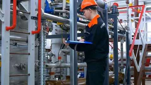 A young process equipment operator in an orange helmet at the workplace makes Stock Photos