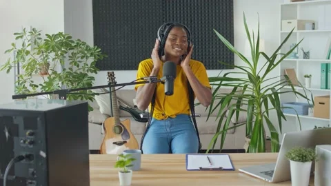 A Young Professional African Singer Performs a New Song Into a Microphone Stock Footage 163393439