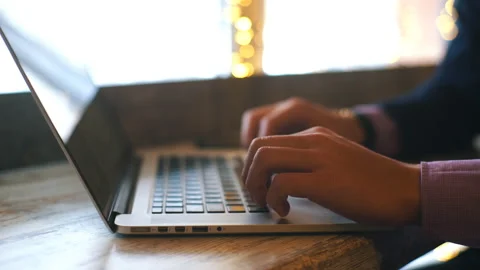 Young professional businessman using modern laptop, Close-up of male hands Stock Footage 85899708