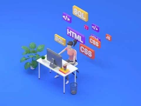 Young professional female programmer is working at a computer. Isometric 3d Stock Illustration