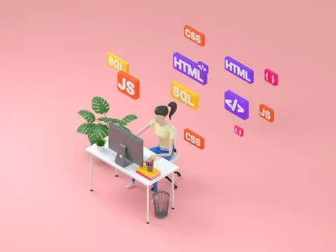 Young professional female programmer is working at a computer. Isometric 3d Stock Illustration