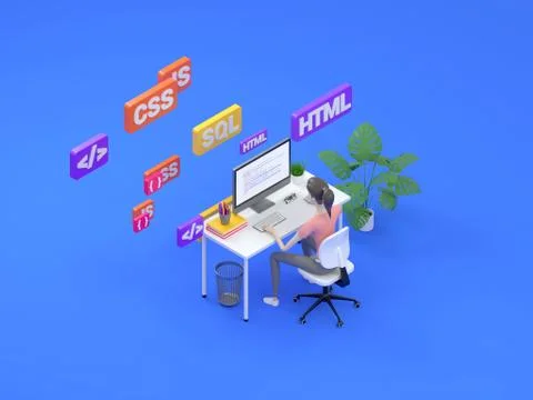 Young professional female programmer is working at a computer. Isometric 3d Stock Illustration