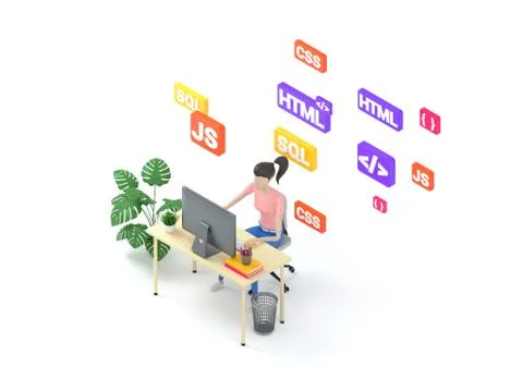 Young professional female programmer is working at a computer. Isometric 3d Stock Illustration