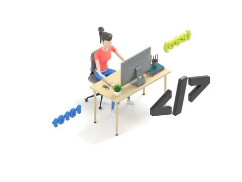 Young professional female programmer is working at a computer. Isometric 3d Stock Illustration